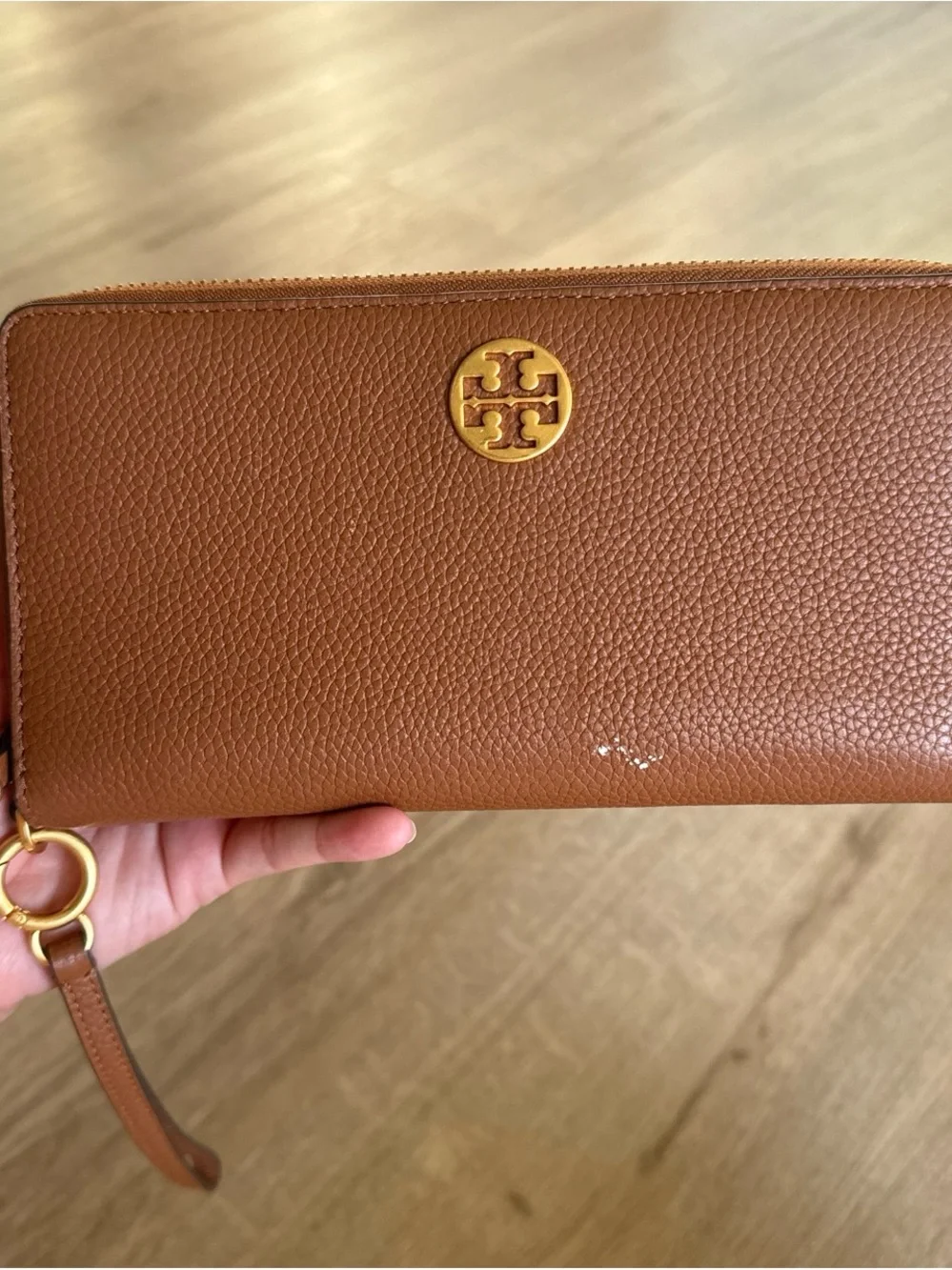 Tory Burch Tan Pebbled Leather Zip Wristlet with Gold Logo